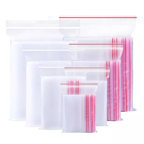 Clear plastic relocking zip-lock bags in multiple sizes