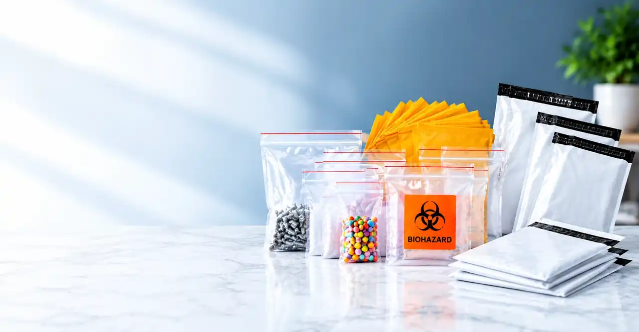 Clear zip-lock relocking bags, a biohazard specimen bag, orange padded mailers and white courier bags on a marble counter